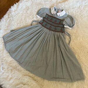 Vintage smocked cotton Bois de Rose Green and White Kids Dress size 6